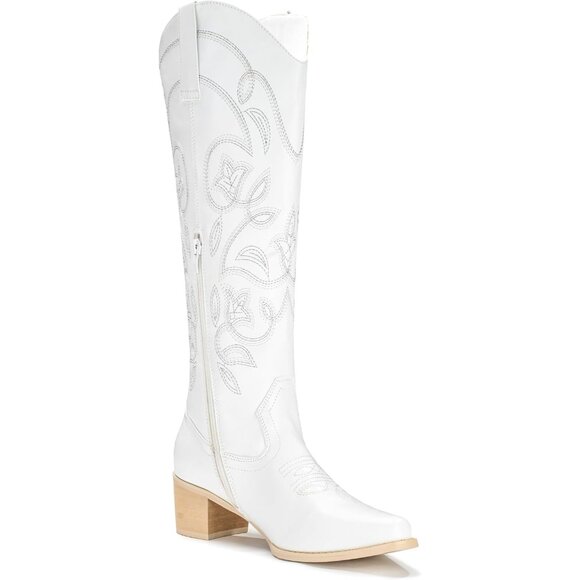Women's White Pointy Toe Faux Leather Western Cowgirl Mid Calf Boots - Picture 4 of 6